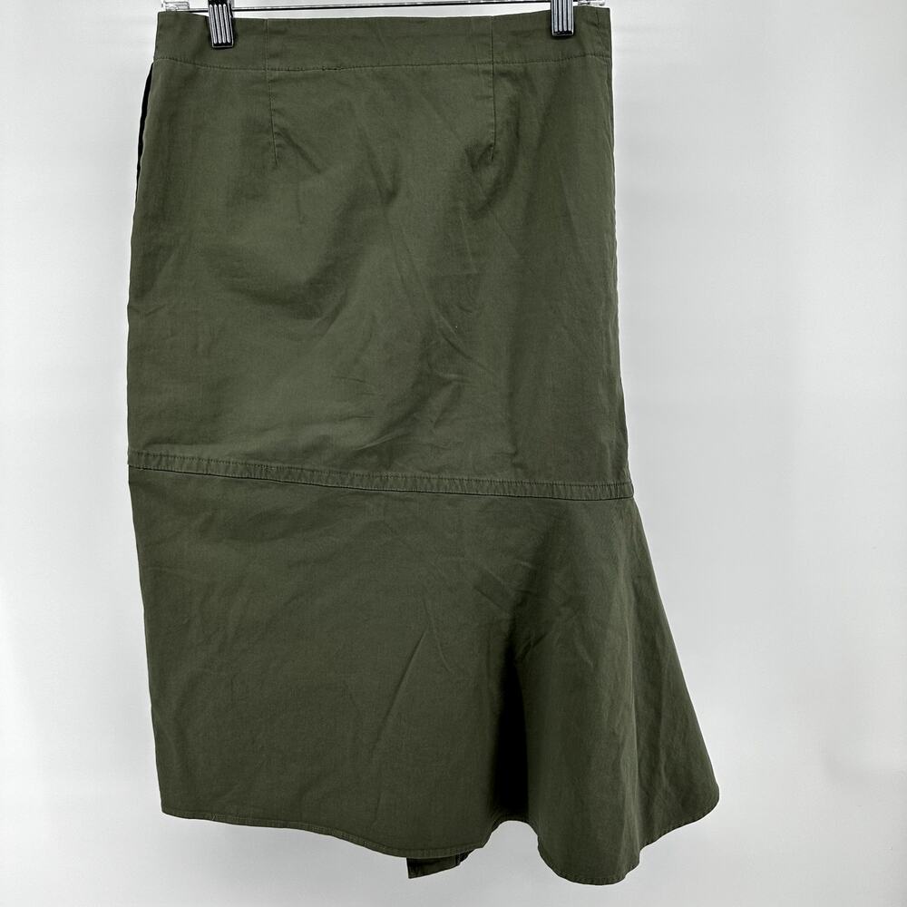 Theory Reconstructed Midi Skirt Ruffle Trim High Waisted Cotton Career Green 2 - Picture 5 of 5
